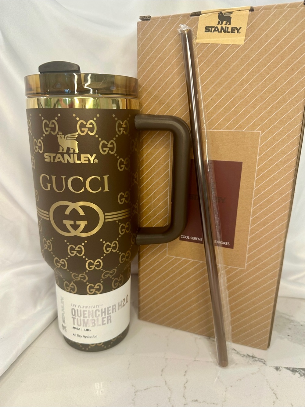 NWT Brown & Gold Monogram Stanley 40oz Quencher H2.0 Tumbler